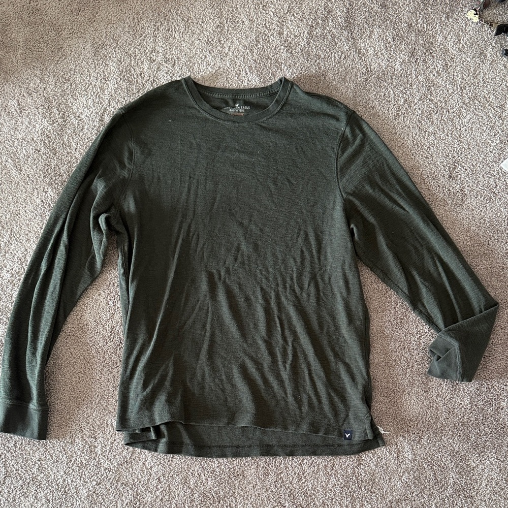 American Eagle Outfitters Dark Olive Green Long-Sleeve Waffle Crew